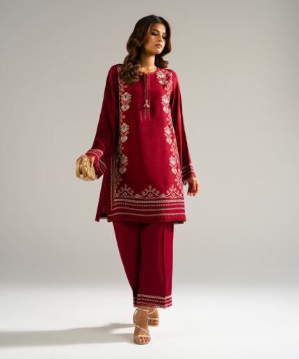 Maroon Raw Silk Straight Suit - View 2