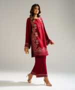 Maroon Raw Silk Straight Suit - View 1