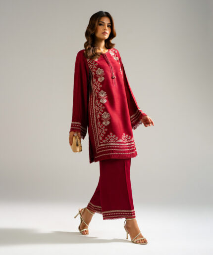 Maroon Raw Silk Straight Suit - View 1