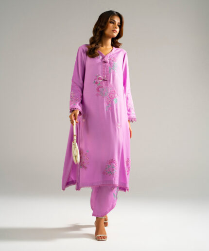 Lilac Raw Silk Straight Suit - View 1