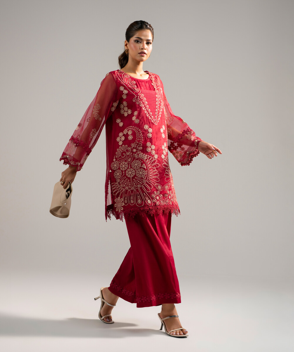 Red Organza Straight Suit - View 1 Red Organza Straight Suit - View 1