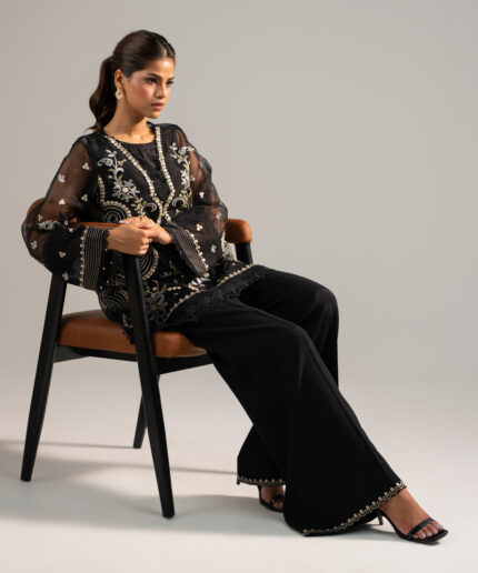 Black Organza Straight Suit - View 1