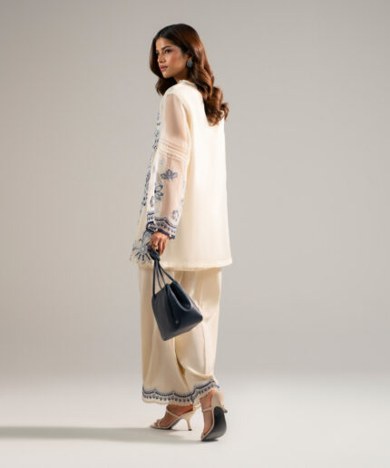 Off White Organza Straight Suit - View 1