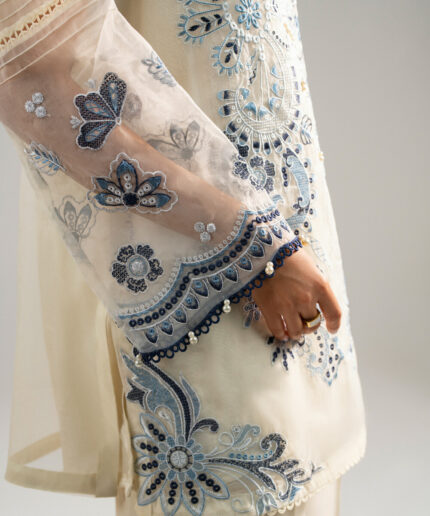 Off White Organza Straight Suit - View 2