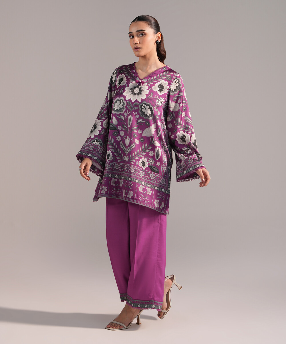 Purple Blended Satin Straight Suit - View 1 Purple Blended Satin Straight Suit - View 1