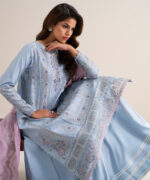 Blue Cotton Net Unstitched Ensemble - View 5