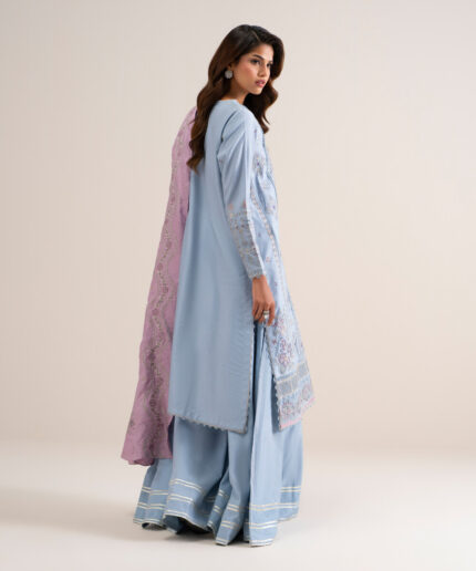 Blue Cotton Net Unstitched Ensemble - View 1