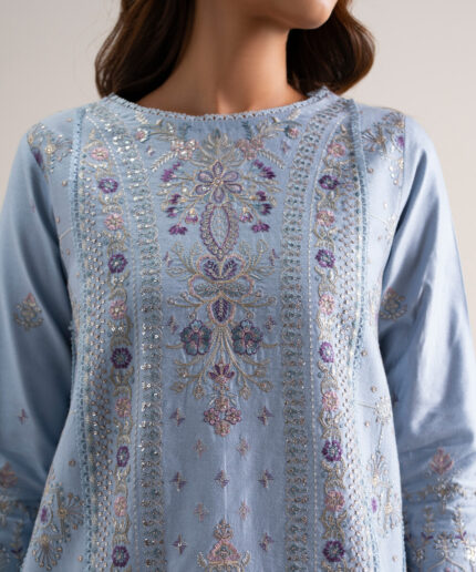 Blue Cotton Net Unstitched Ensemble - View 2