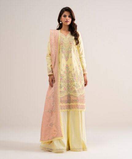 Butter Yellow Cotton Net Unstitched Ensemble - View 1