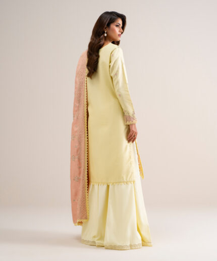 Butter Yellow Cotton Net Unstitched Ensemble - View 2