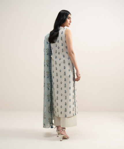 Off White And Blue Lawn Unstitched Ensemble - View 2