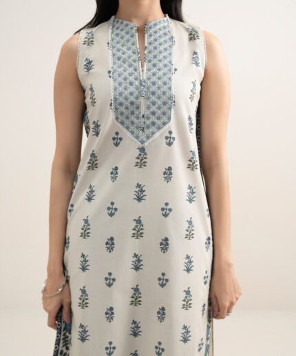 Off White And Blue Lawn Unstitched Ensemble - View 1