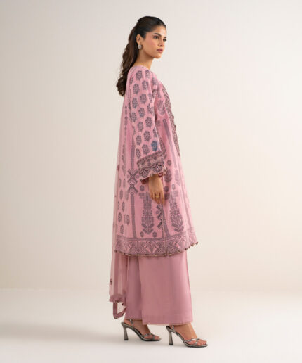 Pink Extra Weft Jacquard Unstitched Ensemble - View 1