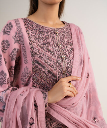 Pink Extra Weft Jacquard Unstitched Ensemble - View 2
