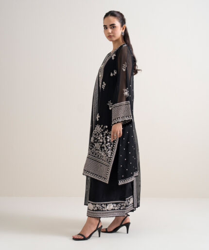 Black Khaddi Net Unstitched Ensemble - View 1