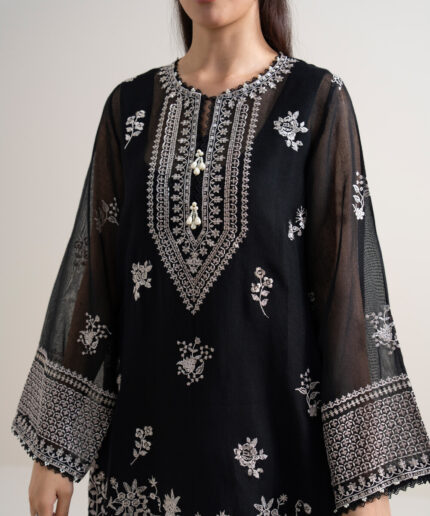 Black Khaddi Net Unstitched Ensemble - View 2