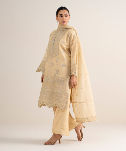 Beige Khaddi Net Unstitched Ensemble - View 2