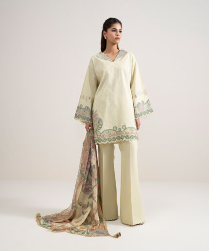 Light Yellow Dobby Unstitched Ensemble - View 2