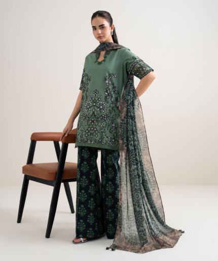 Sage Green Fine Cotton Satin Unstitched Ensemble - View 2