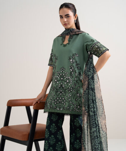 Sage Green Fine Cotton Satin Unstitched Ensemble - View 1
