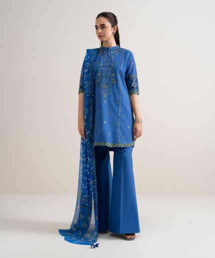 Blue Fine Cotton Satin Unstitched Ensemble - View 2