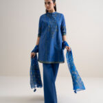 Blue Fine Cotton Satin Unstitched Ensemble - View 1