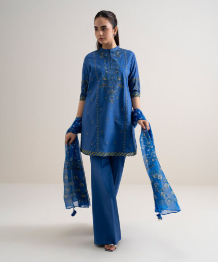 Blue Fine Cotton Satin Unstitched Ensemble - View 1