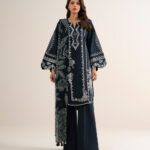 Black Fine Cotton Satin Unstitched Ensemble - View 1