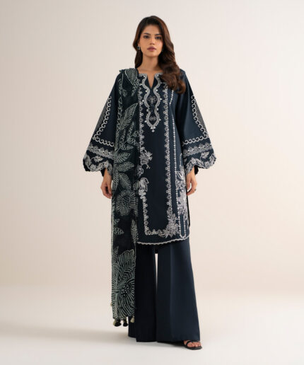 Black Fine Cotton Satin Unstitched Ensemble - View 1