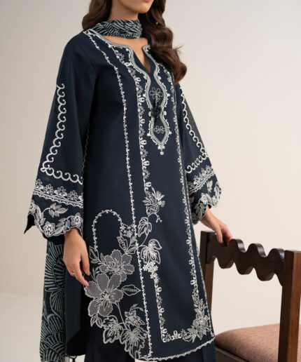 Black Fine Cotton Satin Unstitched Ensemble - View 2