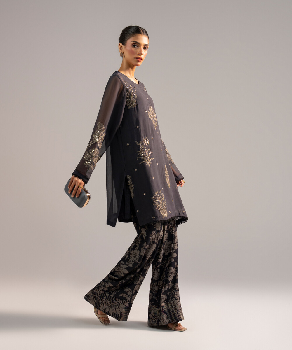 Black Chiffon Straight Suit - View 1 Black Chiffon Straight Suit - View 1