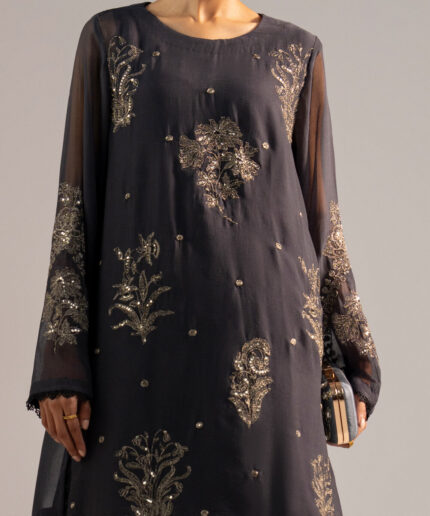 Black Chiffon Straight Suit - View 2