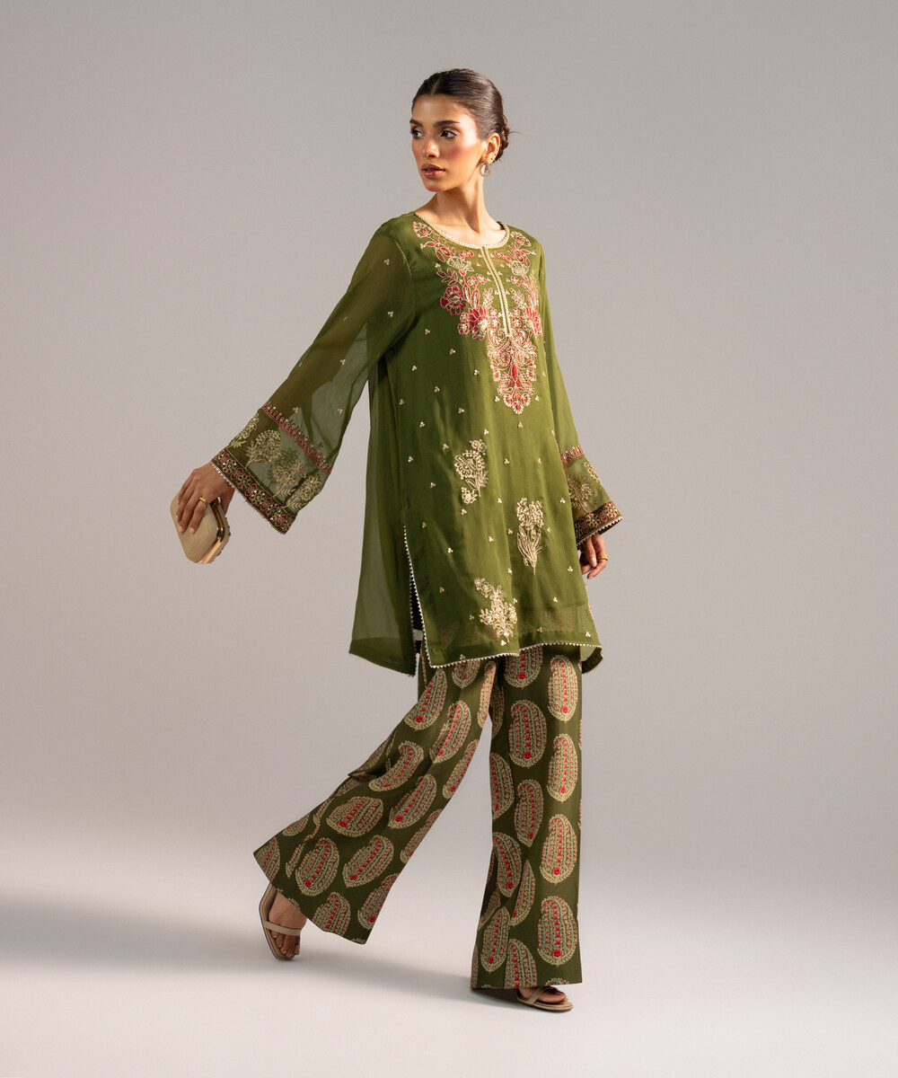 Green Chiffon Straight Suit - View 1 Green Chiffon Straight Suit - View 1