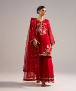 Red Khaddi Net Straight Suit - View 4