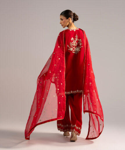 Red Khaddi Net Straight Suit - View 2