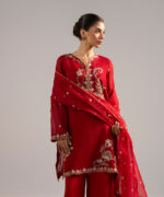 Red Khaddi Net Straight Suit - View 3