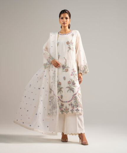 Off White Khaddi Net A-Line Suit - View 1