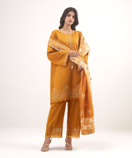 3 Piece Orange Cotton Viscose Straight Suit - View 1