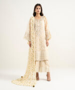 Pale Yellow Blended Organza A-Line Suit - View 4