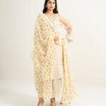 Pale Yellow Blended Organza A-Line Suit - View 1