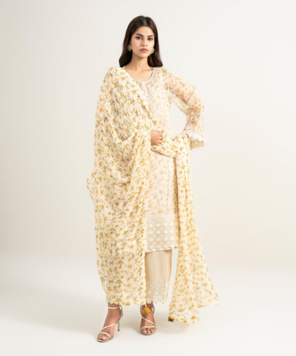 Pale Yellow Blended Organza A-Line Suit - View 1
