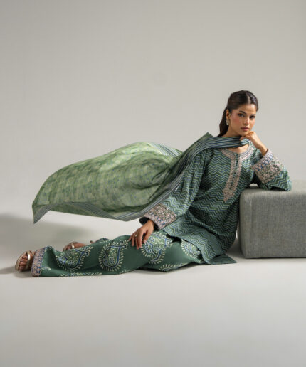 Green Raw Silk Straight Suit - View 2