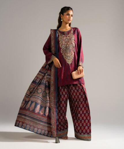 Maroon Bright Raw Silk Straight Suit - View 1