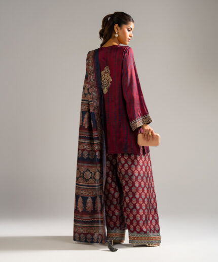 Maroon Bright Raw Silk Straight Suit - View 2