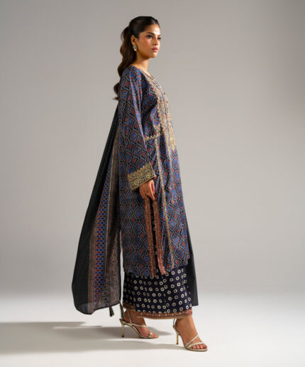 Black Bright Raw Silk A-Line Suit - View 2