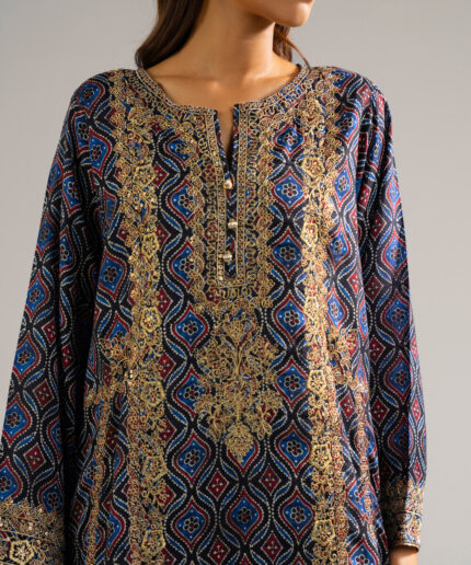 Black Bright Raw Silk A-Line Suit - View 1