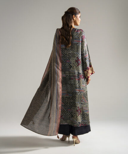 Black Bright Raw Silk Straight Suit - View 1