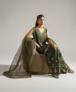 Olive Green Raw Silk Straight Suit - View 4