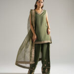 Olive Green Raw Silk Straight Suit - View 1
