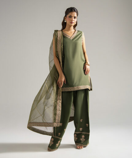 Olive Green Raw Silk Straight Suit - View 1